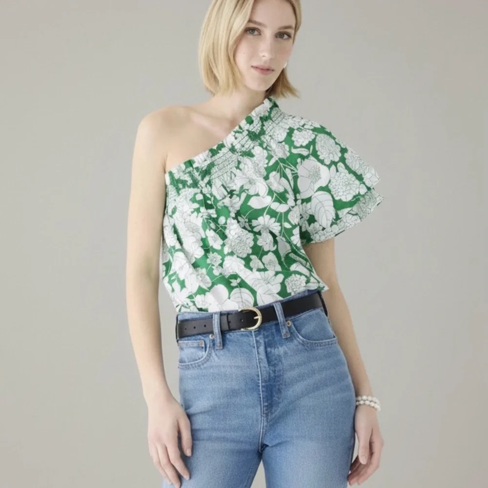 J. Crew Smocked One-Shoulder Cotton Top in Kelly Green - Sz. Medium - BNWT